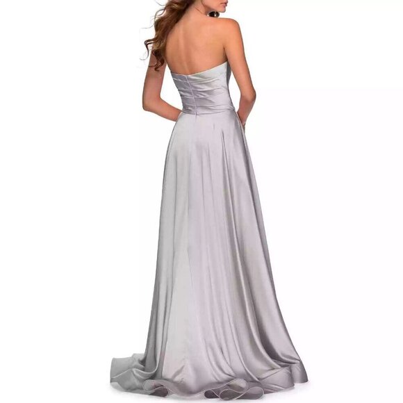 LA FEMME Strapless Slit Satin Ballgown in Silver Size US 2 - Picture 2 of 8